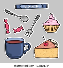 Vector stickers set - tea and pastries. Food desserts collection.