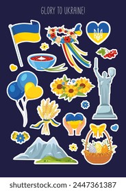 Vector stickers set with Ukrainian symbols for support Ukraine.