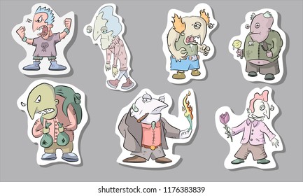 vector stickers seven deadly sins: rage, gluttony, laziness, pride, lust, greed, envy