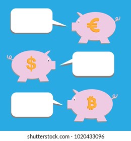 Vector of stickers of speech bubbles with piggy bank. Blank empty white speech bubbles and piggy bank.