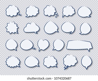 Vector stickers of speech hand draw bubbles set white color with shadow on transparent background for your message, chat, communication. 10 eps
