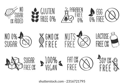 Etiquetas vectoras o etiquetas para comida saludable. Sello vectorial para el mercado de comestibles. Etiqueta ecológica para la nutrición. Ingredientes y suplementos gratuitos. Sin gas, azúcar, parabeno, gluten, huevo, nueces, lactosa, grasa, soya.