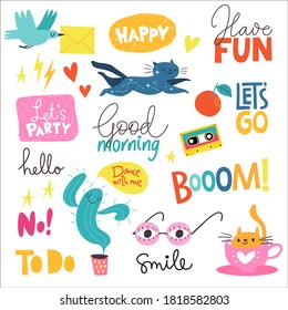 Vector stickers with trendy hand drawn elements and motivational quotes. Cartoon romantic images and trendy lettering. Flat style illustrations, labels, objects for print and organizer.