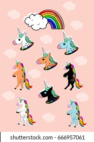 Vector stickers of unicorns and rainbows