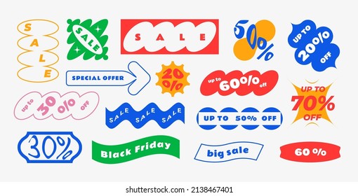 Vector stickers of unusual shapes with special offers and sales promotions.