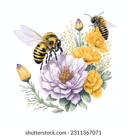 vector Stickers white background honey bee watercolor