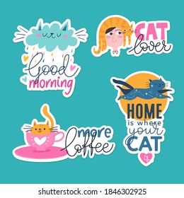 Vector stickers withmodern style elements and motivational quotes. Cartoon images and trendy lettering. Flat style illustrations, labels, objects for print and organizer.