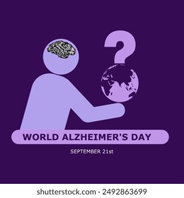 Vector stickman with brain illustration on dark purple background, banner, symbol of Alzheimer's day, September 21st