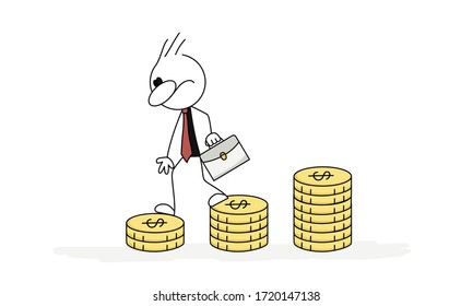 Vector stickman goes down the stairs of coins.