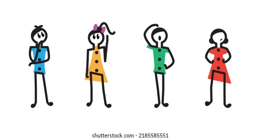 Vektoraufkleber und Stabmädchen. Denken, stehende Illustration. Vier Zahlen.