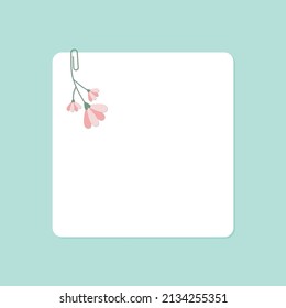 Nota pegajosa vectorial con clip de papel floral sobre fondo azul claro