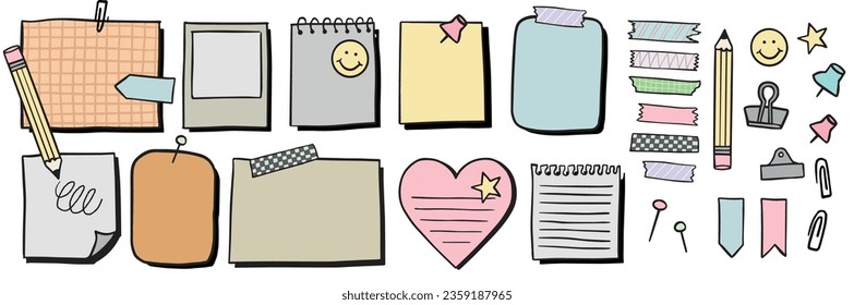 Vector sticky note illustration set, office notepapers, paper clips and tape in flat cartoon style.