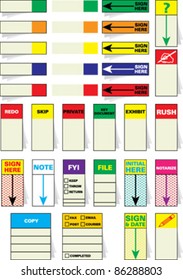Vector sticky notes, post-it notes, sign here tabs, sticky flags and adhesive arrow flags designed to keep track of important notes, signatures, files, messages. Draw attention to where you need it.