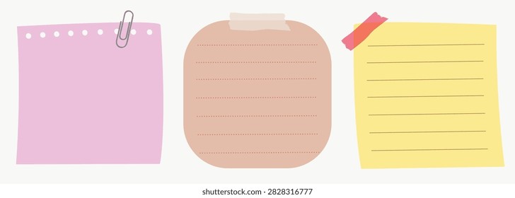 Vector sticky notes set with pink, beige, and yellow memo papers, clipped and taped on a white background for planning and reminders.