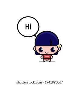 vector for stiker cute little asian girls say hi