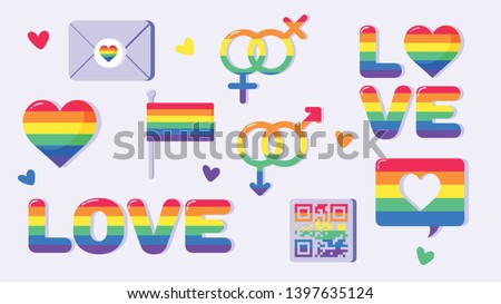 Vector stikers set doodles. Pride LGBTQ icon set, LGBTQ related symbols set in rainbow colors: Pride Flag, Heart, Peace, Rainbow, Love, Support, Freedom Symbols. Gay Pride Month