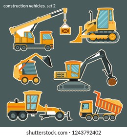 Vector stikers set for kids.Construction vehicles  set2: mobile crane, bulldozer, skid-steer loader, knuckleboom loader, grader, dump track.