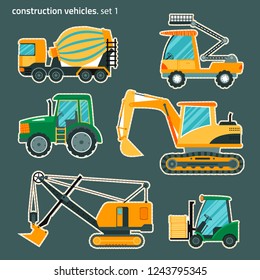 Vector stikers set for kids.Construction vehicles  set1: concrete mixer truck, aerial platform, tractor, excavator, power shovel, forklift.