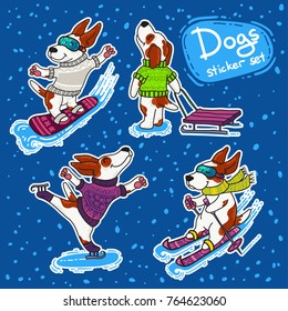 Vector stikers set for New Year and Christmas with dogs in colorful sweaters in winter. Winter greeting design. Winter sport.