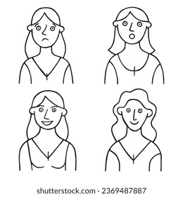 vector still doodle drawing, people with different emotions. faces of women smiling, sad, surprised