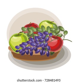 Vector still life with apples and grapes. Fruit lying on a plate.