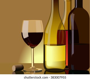 Vector still life with bottles of wine with cork on the brown and yellow background