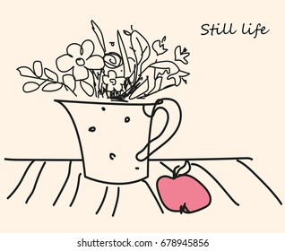 Vector still life with bouquet and an red apple on light beige background with sign