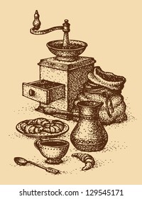 Vector still life. Cup of aromatic coffee with croissants