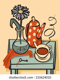 vector still life with cup of tea, a kettle and a flower in a vase on the table