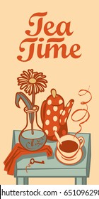 vector still life with cup of tea, a kettle and a flower in a vase on the table