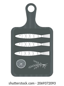 Vector still life with cutting board, fishes, lemon and herbs. Mediterranean food. Monochrome hand drawn illustration isolated on a white background. 