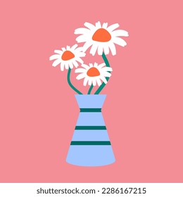 Vektor noch Leben mit Gänseblümchen in einer Vase. Frische Blumen in einer blauen Vase. Minimalistische Frühlingsgrafik. Bouquet von Kamelen. rosafarbener isolierter Hintergrund. 