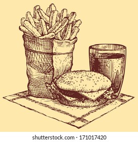 Vector still life of fast food. French fries in a paper bag, a burger and a Coke in a glass beaker