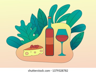 Vector still life flat illustration with outlines. Wine and cheese scenery.