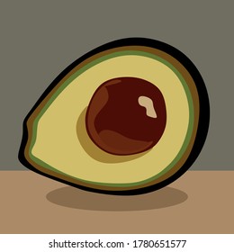Vector still Life with fresh ripe avocado on a dark background.Healthy Organic Food.Illustration green, half, happy