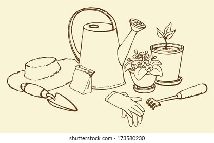 Vector still life of garden utensils. Watering can, horticultural gloves, shovel, rake, sun hat, a bag of seeds and pots with plants 