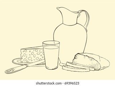Vector still life. A healthy breakfast of milk bread and cheese