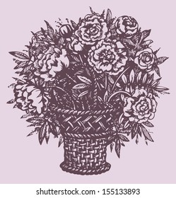 Vector still life. A lush bouquet of fragrant peonies in a wicker basket