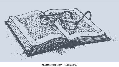Vector still life. Old thick book with glasses on pages disclosed