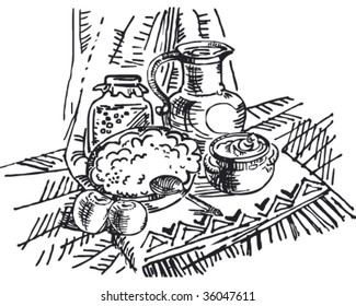vector still life with plate of porridge, jar of jam and milk pitcher