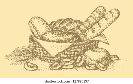 Vector still life. Sketch basket of fresh pastries: baguettes, rolls, bread, bagels, donuts