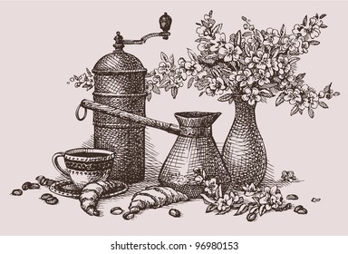 Vector still life. A sketch of a coffee accessories, croissants and a bouquet of spring flowering branches in a vase