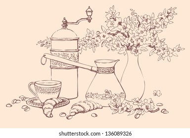 Vector still life. A sketch of a cup of coffee on a saucer, antique coffee grinder, cezve, croissants and a bouquet of spring flowering branches in a vase