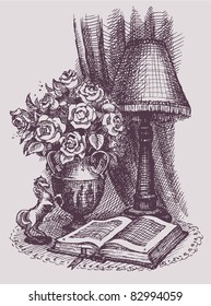 Vector still life. Sketch of a lush bouquet of roses around an open book, a lampshade and figurines