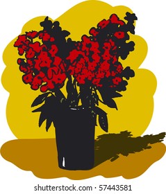 Vector still life. Sketch of a vase with red flowers on a yellow background