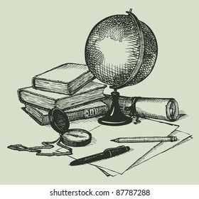 Vector still life subjects of geography: a globe, books, map and compass