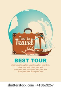 Vector still life with a suitcase, sailboat and seashells on a tourist theme against the backdrop of the planet Earth