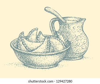 Vector still life. Traditional Ukrainian dish: dumplings with sour cream