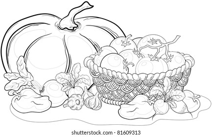 Vector, still life: various vegetables and wattled basket, monochrome contours