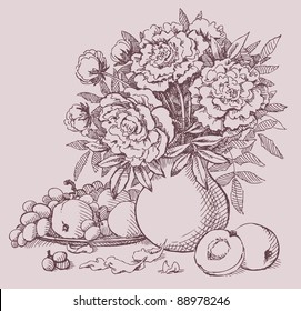 Vector Still Life: Vase with a bouquet of lush peonies, grapes and peaches